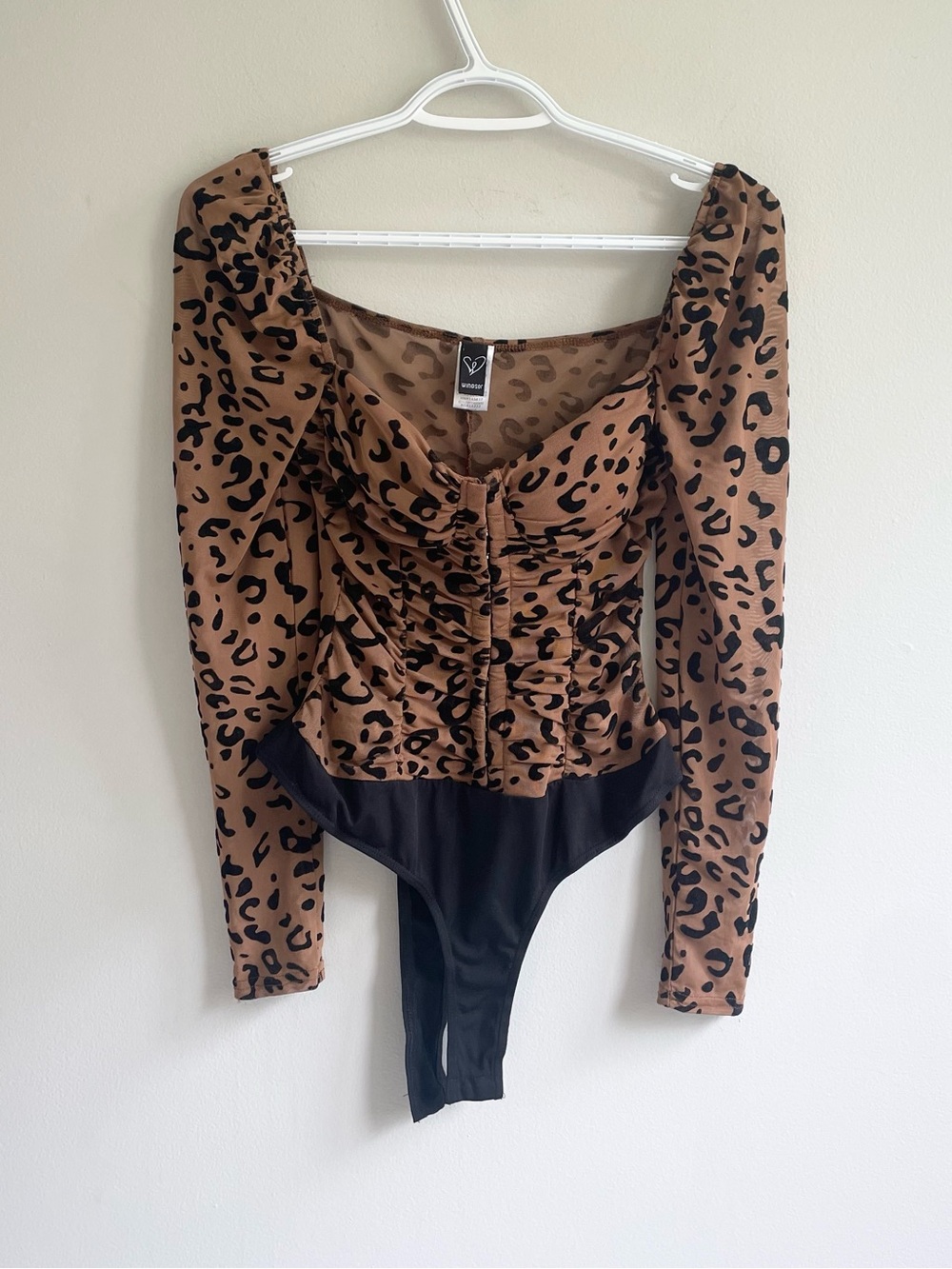 WINDSOR BROWN BLACK LEOPARD PRINT LONG SLEEVE BODYSUIT CORSET HOOK FRONT SHEER